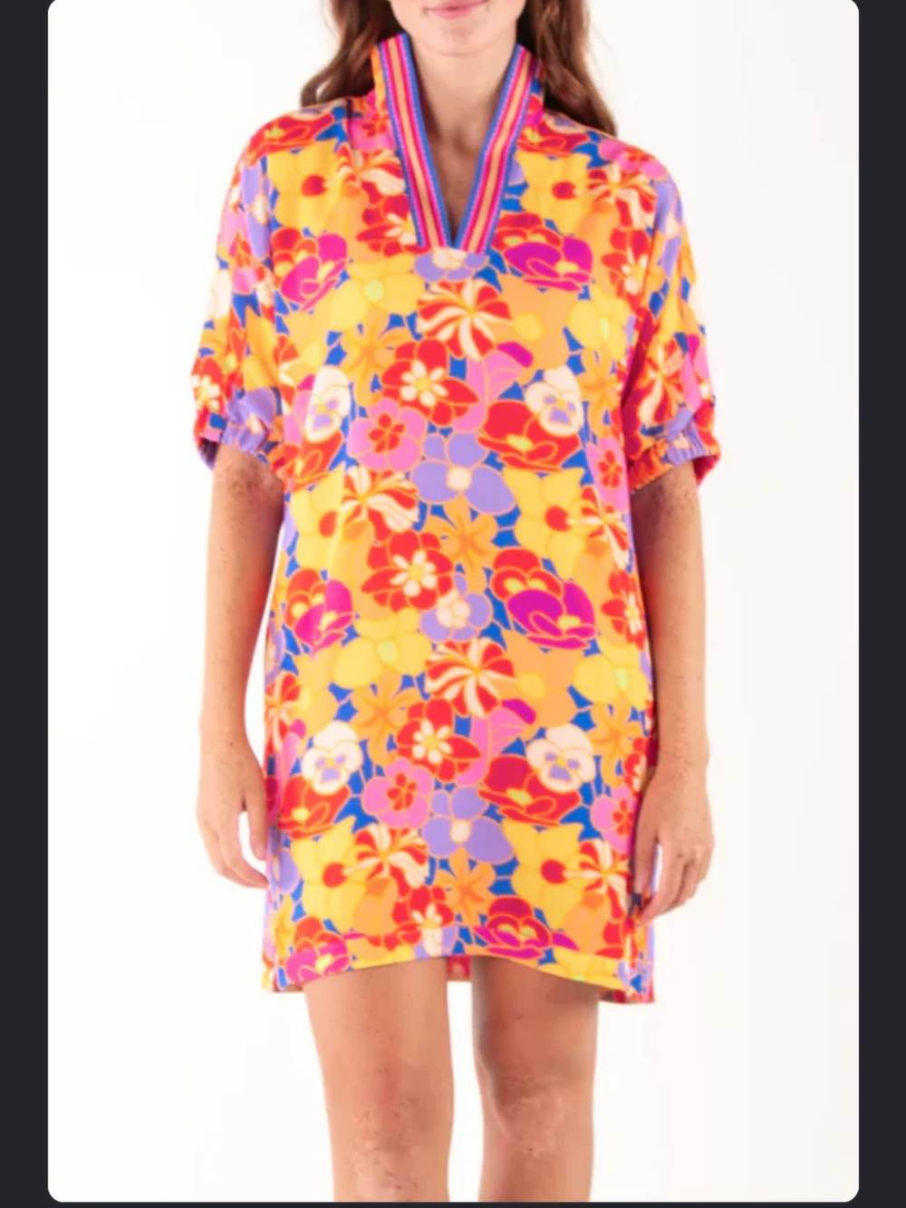 Emily McCarthy Floral Fusion Poppy Dress Orange Pink Yellow Shift Size S
